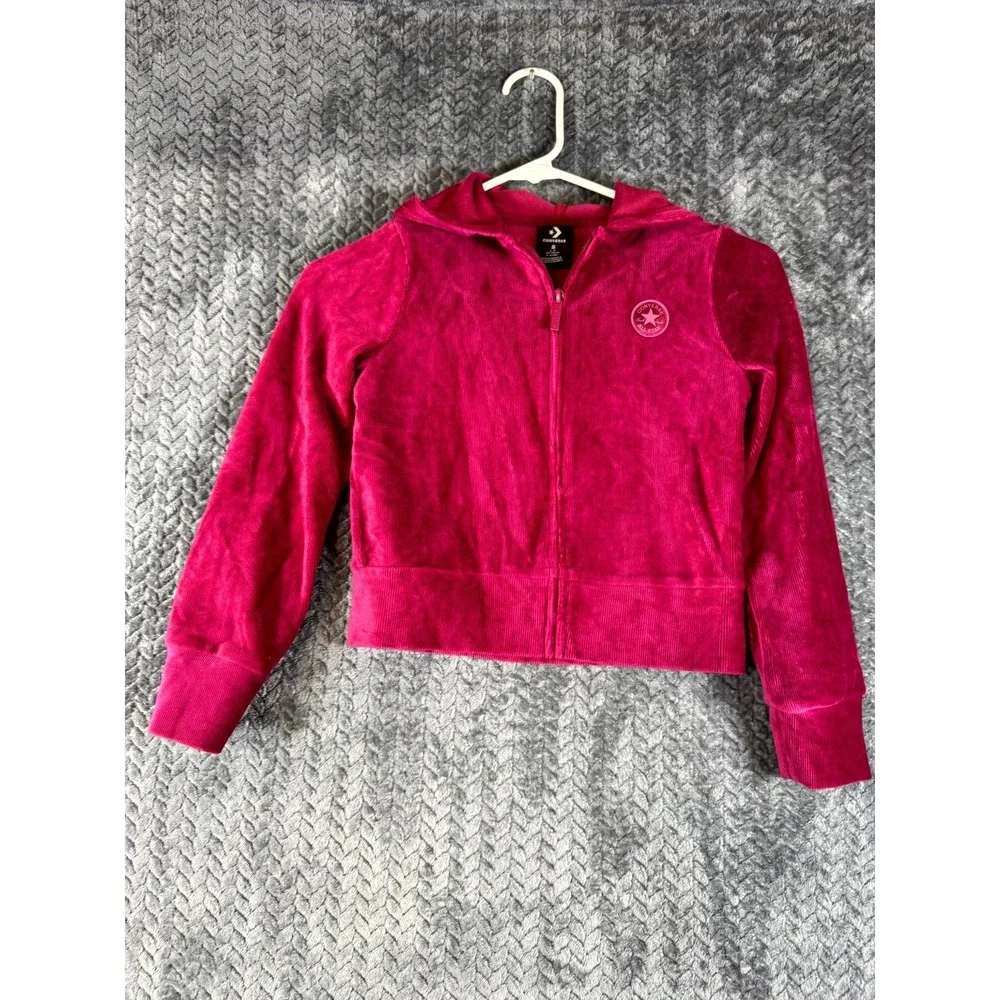 Converse‎ Hoodie Girls Small 8-10YRS Pink Velour Cotton Blend Stretch Full Zip